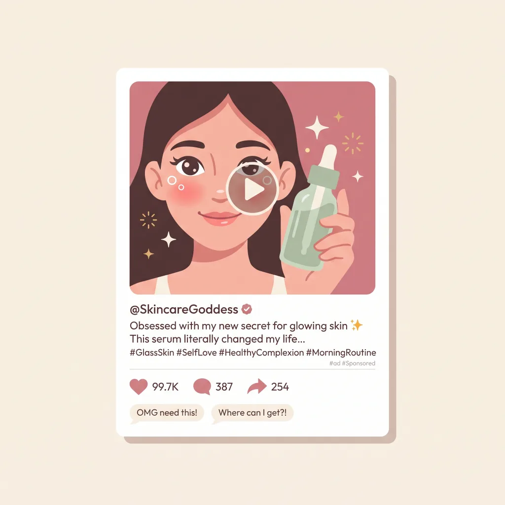 Influencer post recommending a serum, with the #ad disclosure buried in the hashtags